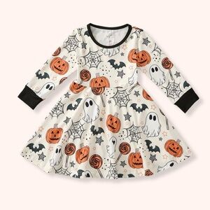 Spooky Fun Kids Dress with Ghost and Pumpkin Print